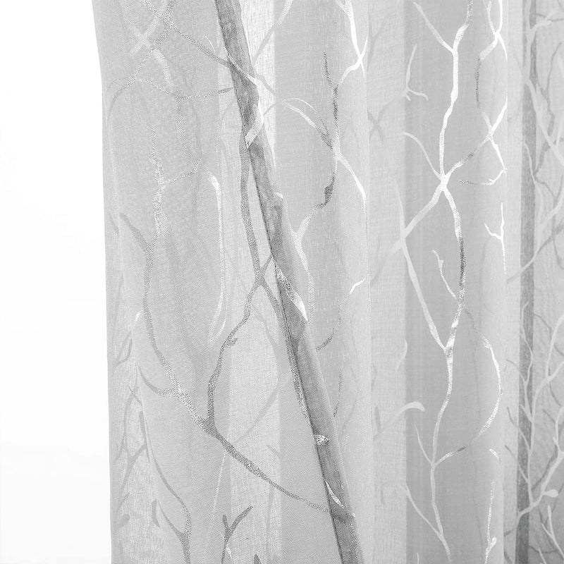 Kotile Silver Grey Sheer Curtains 2 Panels Set Grommet Top Metallic Silver Foil Branch Pattern Light Filter & Privacy Voile Drapes 95 Inch Length for Living Room, 52 x 95 Inch, 2 Panels, Gray - Image 3